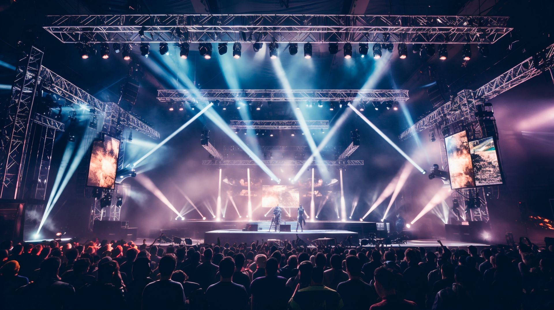 Packed concert venue with a crowd watching performers on stage, illuminated by colorful lights and beams.