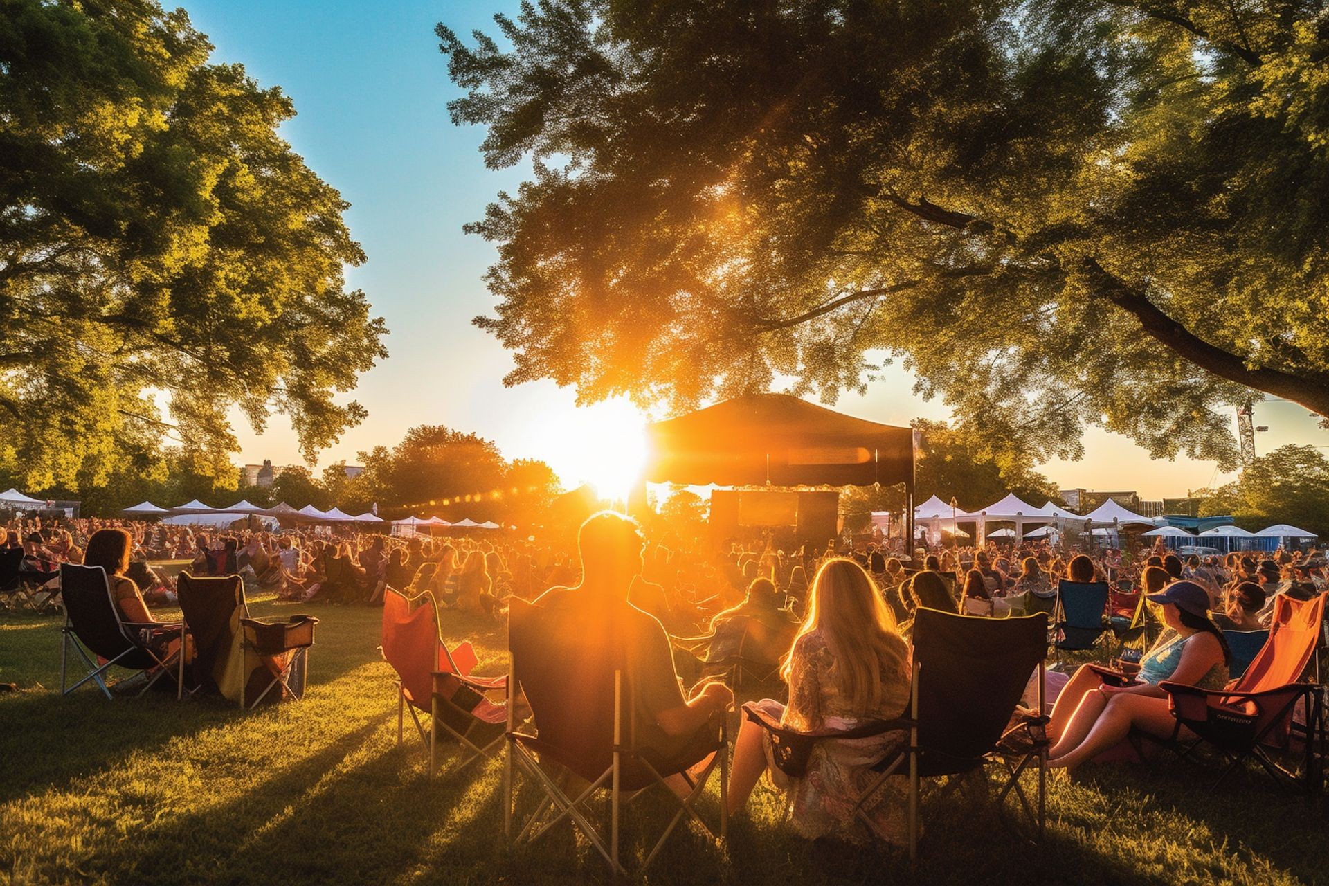 People sitting in chairs at an outdoor festival during sunset, with tents and trees in the background.